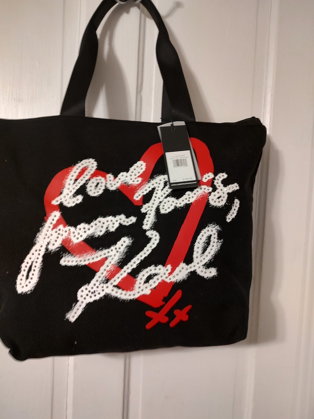 Black Tote Bag with Red Heart and White Script